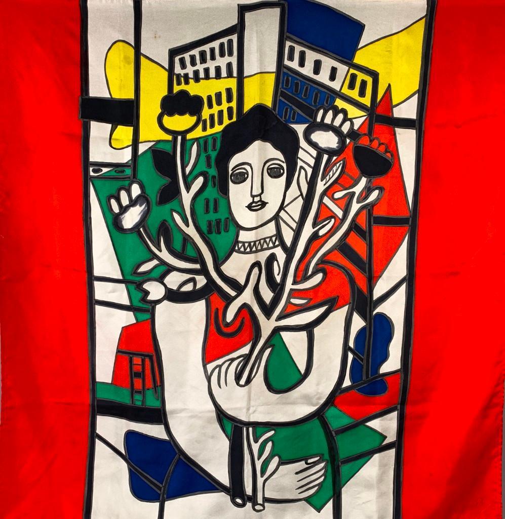Fernand Leger Silk Scarf: Fernand Leger (French 1881-1955) Silk Scarf, Female figure holding flowers before buildings, signed F.L. in the design, numbered 84/250. Dimensions: 34 x 34 in. Condition: Good with some minor stains.