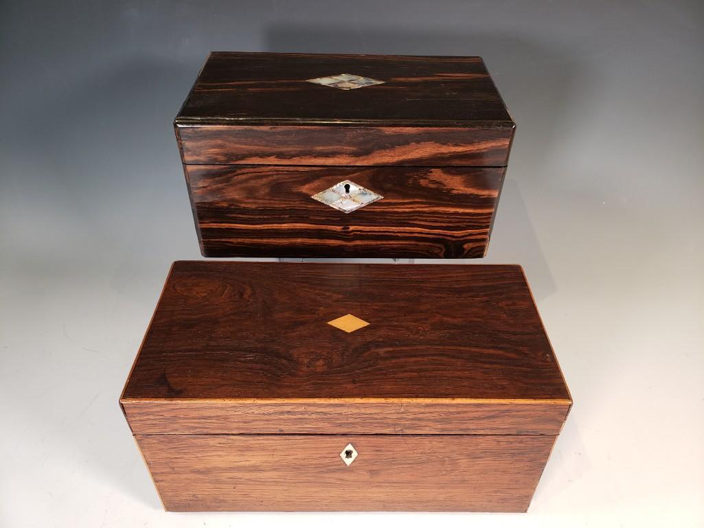 Two Antique English Tea Caddies, 19thc.: Two Antique English Tea Caddies, 19thc. Laburnum wood box with mother of pearl inlaid detail, fitted interior, together with a rosewood line inlaid example with mother of pearl escutcheon, fitted inte