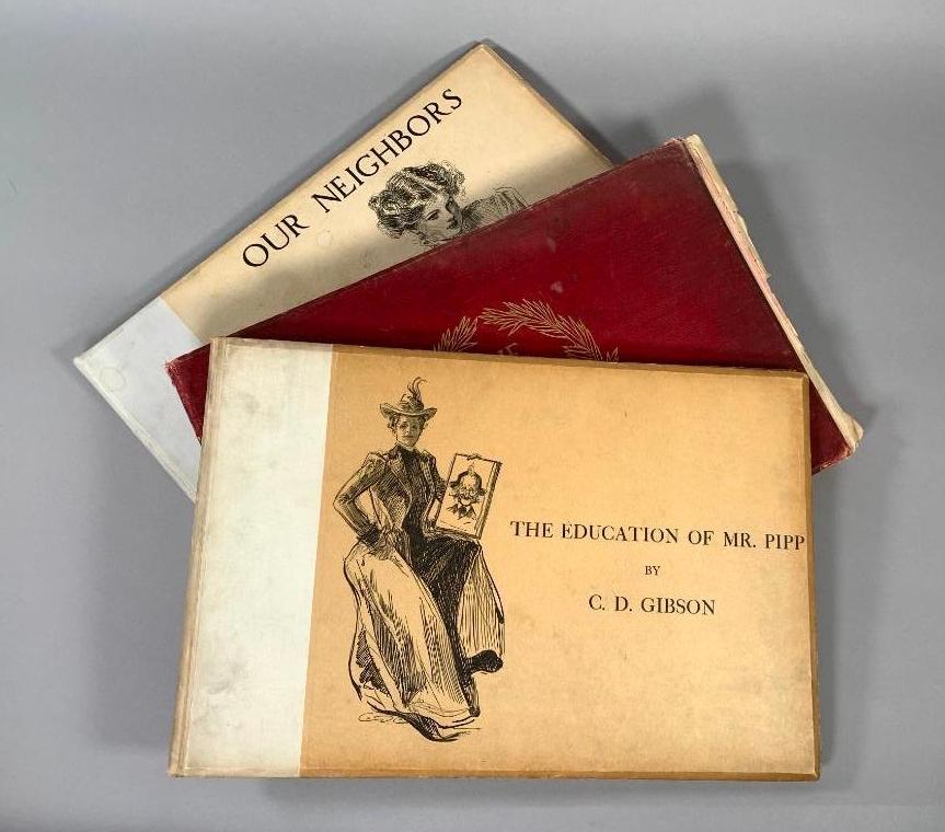 Three Books by Charles Dana Gibson: Lot includes three books including: The Education of Mr. Pipp, Our Neighbors, and The Gibson Book II. Illustrated by Charles Dana Gibson, each oblong folio size, 12 x 18 in. Condition: fair condition.