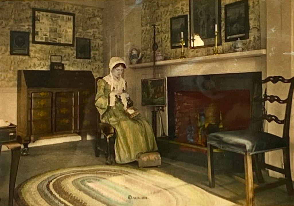 Wallace Nutting, "Great Grandma Sewing": Wallace Nutting (American 1861-1941) "Great Grandma Sewing," hand-colored photograph, signed in ink lower right, titled lower left, framed. Dimensions: 6.5 x 4.5 in. image size 9.75 x 12.25 in as fram