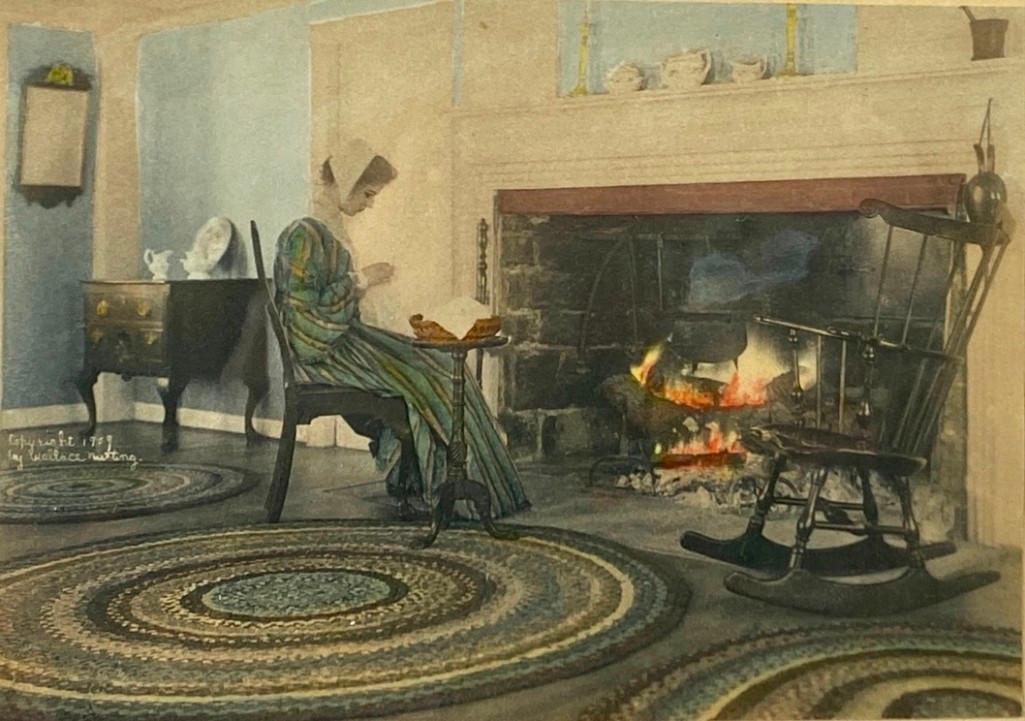 Wallace Nutting, "A Bit of Sewing": Wallace Nutting (American 1861-1941) "A Bit of Sewing," hand-colored photograph, signed in ink lower right, titled lower left, framed. Dimensions: 4.75 x 6.75 in. image size 11.75 x 14.75 in. as frame