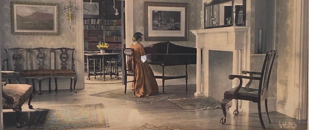 Wallace Nutting, "Sunshine and Music": Wallace Nutting (American 1861-1941) "Sunshine and Music," hand-colored photograph, signed in ink lower right, titled lower left, framed. Dimensions: 5.5 x 11 in. image size 14 x 17.5 in. as framed. C