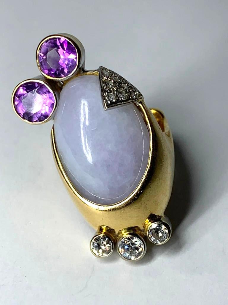 14K Yellow Gold, White Jade, Amethyst and Diamond Ring (1 of 8)