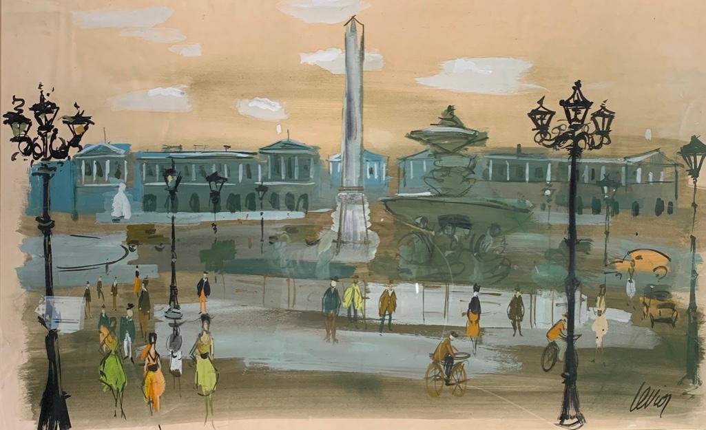 Charles Levier Gouache, Paris Plaza: Charles Levier ( French 1920-2003) Paris Plaza, gouache on paper, signed lower right, framed. Dimensions: 22.5 x 37 in. image size. 29 x 43.5 in. as framed. Condition:Appears very good. Not examined o