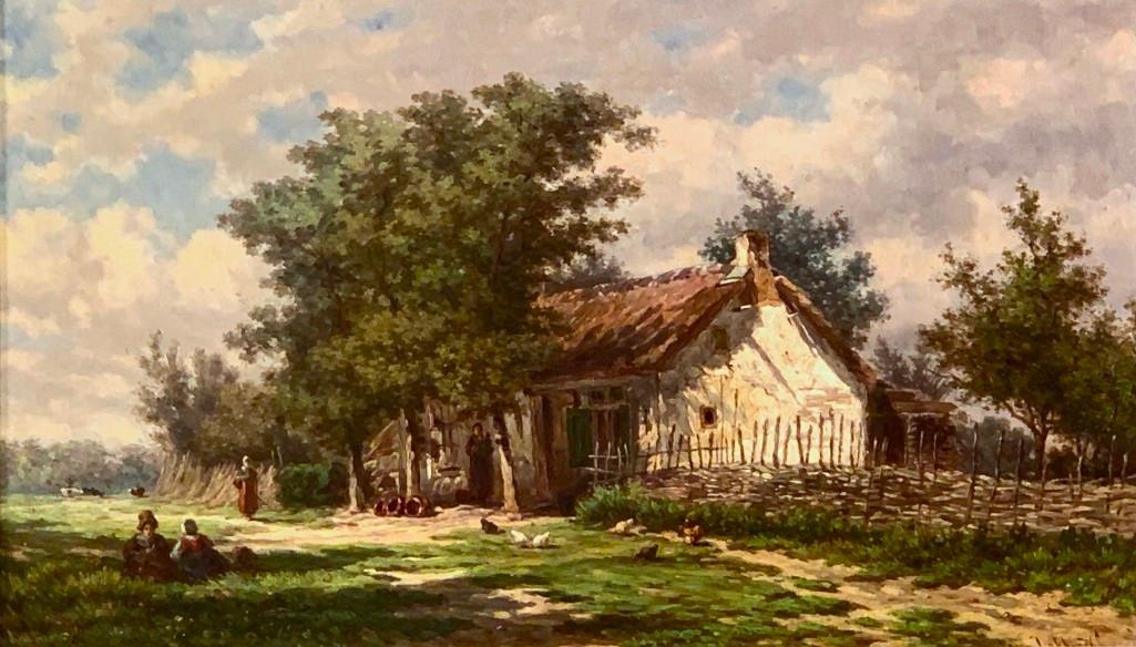 Johan Nicholaas Van Lokhorst Oil, Farm Scene, 1861: Johan Nicholaas Van Lokhorst (Netherlands, 1837-1929) Farm Cottage with Figures and Chickens in the Yard, 1861, oil on wood panel, signed and dated lower right, framed. Dimensions: 11 x 18 in. panel s
