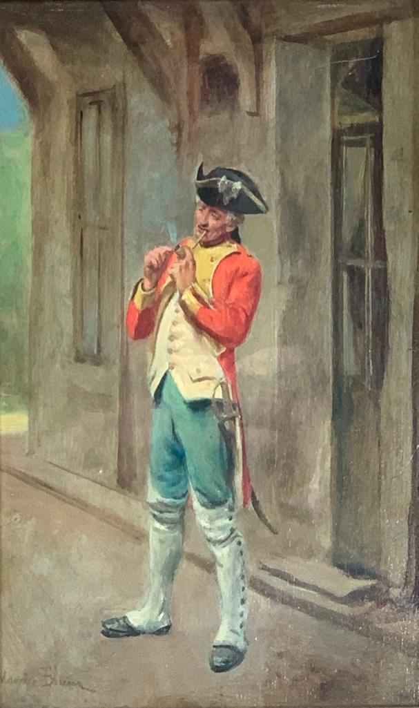 Maurice Blum Oil, Soldier Smoking a Pipe: Maurice Blum (French 1832-1909) Soldier Smoking a Pipe Outside a Tavern, oil on wood panel, signed lower left, in elaborate git frame. Dimensions: 9.75 x 6 in. panel size, 24 x 19.5 in. as framed. Con