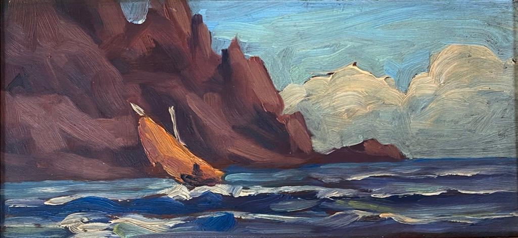20thc. School Oil, Sailboat Offshore, Rocky Cove (1 of 4)