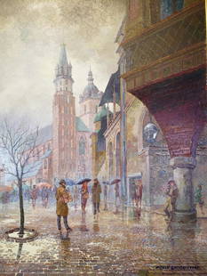 Witold Kalicki Oil, Krakow City Scene in Rain: Witold Kalicki (Polish 1915-1983) Krakow City Scene in Rain, 1980, oil on canvas, signed and dated, lower right, framed. Dimensions: 48 x 35 in. canvas size 57 x 34 in. as framed. Condition: Very good