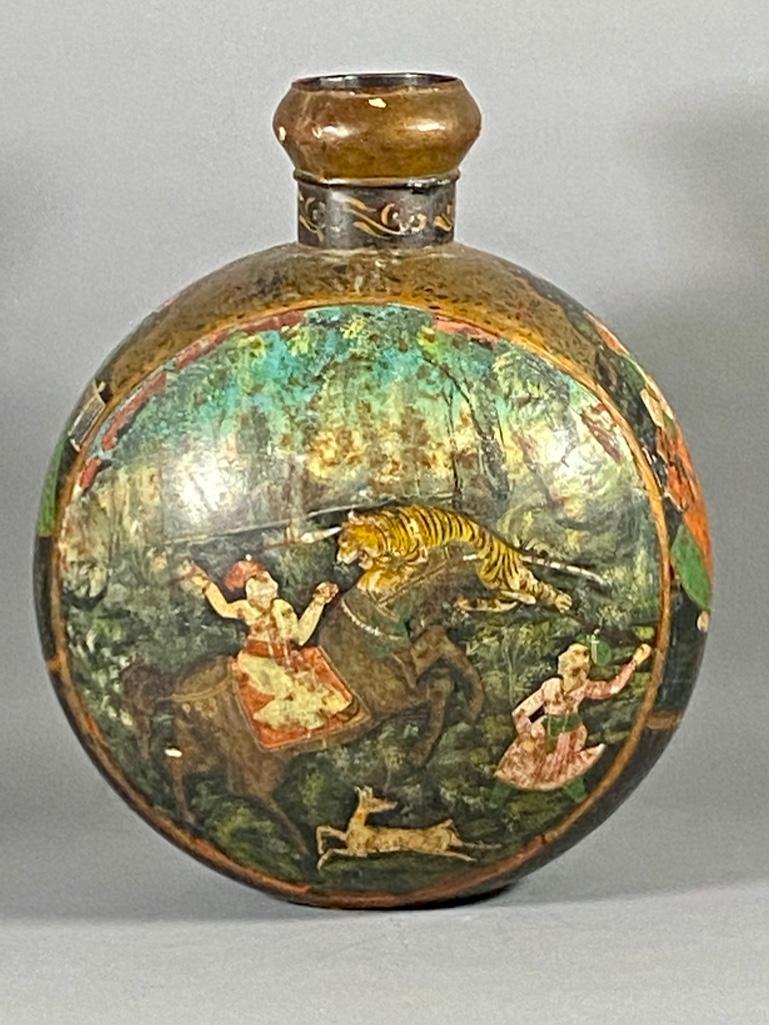Large Indian Tole Peinte Jar: Large Indian Tole Peinte Jar, moon flask form decorated with Maharajas hunting tigers and a portrait of an emperor and empress. Dimensions: 18 x 14 x 10. in. Condition: As is with wear and losses.