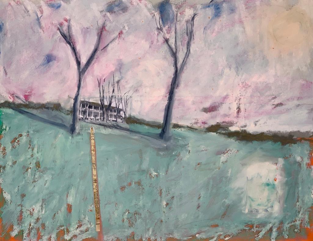 Leslie Miller Oil and Collage: Leslie Miller (American, Ohio, 1949-2016) House on a Hill, oil or acrylic on paper with collage. Unsigned. Framed. Dimensions: 25.5 x 35.5 Condition: Very good with no damage or restorations.