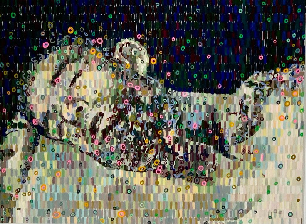 Michelle Forsyth Gouache, "Trace Evidence 2": Michelle Forsyth (American, 20th/21st c.) "Trace Evidence 2," 2004, gouache on mylar, signed, dated and inscribed verso, matted and framed Dimensions: 9 x 12 in. image size 20 x 23.5 in. as