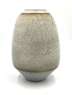 George Roby Tall Ceramic Vase: George Roby (American, 20thc) Tall textured vase, the stoneware form tapering at the base and toward the lip, the central body in textured finish, glazed in grayish white, signed with initials GR to b
