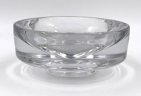 Hadeland Glassverk Willy Johansson Signed Glass: Willy Johansson (Norwegian 1916-1998) for Hadeland Glassverk Signed Glass Centerbowl, of heavy circular bowl form in colorless glass on short foot, signed "Hadeland," with initials "W.J.&#