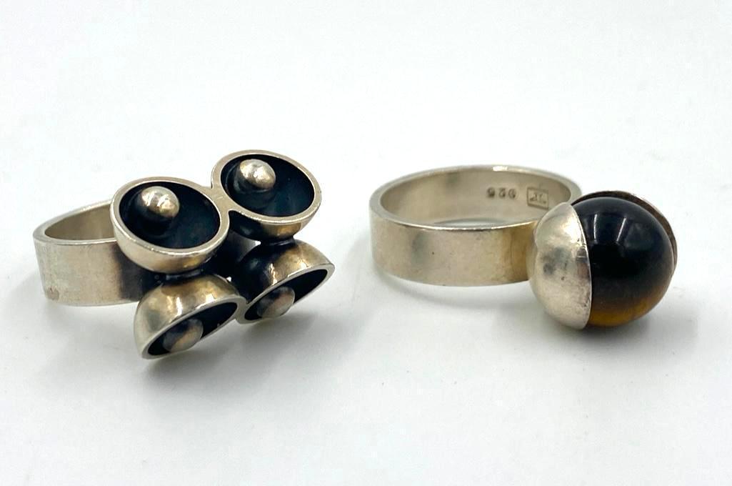 Two Elis Kauppi For Kupittaan Kulta Sterling Rings: Two Elis Kauppi (Finnish 1921-2004) For Kupittaan Kulta Sterling Rings comprising; Bud form ring set with Tiger's Eye bead, Cup and Sphere ring with vermeil finish, Each stamped. Weight: Approx