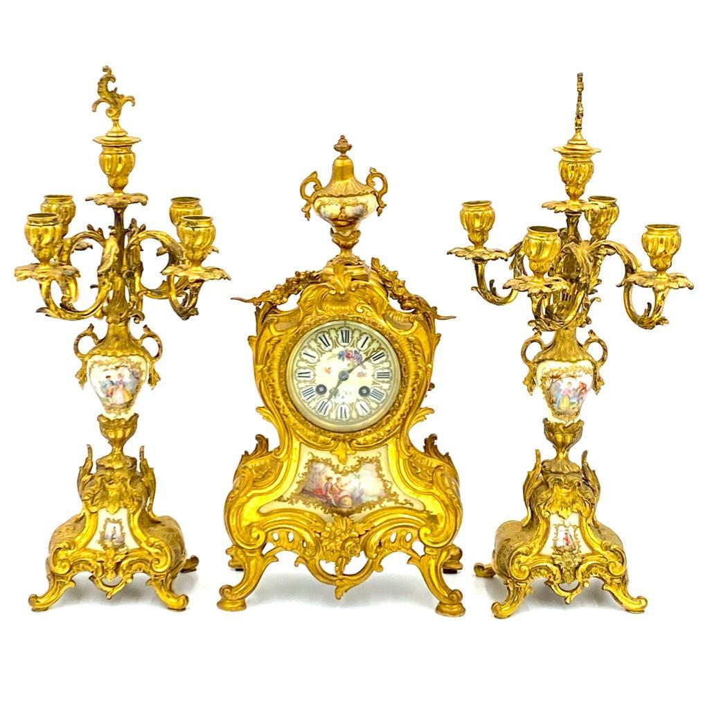 French Gilt Bronze and Porcelain Clock Garniture (1 of 9)