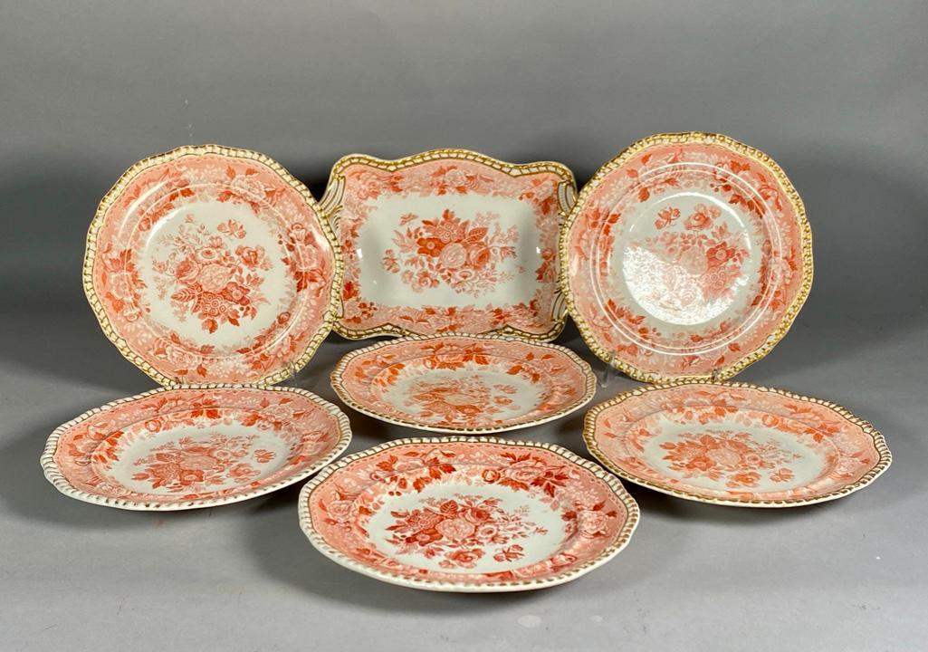 Group of Spode's Imperial Pattern Transfer Decorated: Group of Spode's Imperial Pattern Transfer Decorated China, comprising Cake plate and 6 plates in a floral pattern in a coral colored glaze with gilded accents. Transfer print mark Spode's Imp