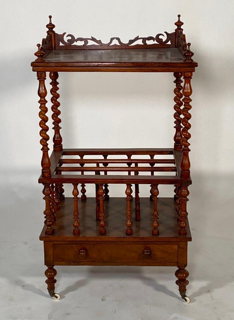 English Regency Mahogany Canterbury?: English Regency Mahogany Canterbury, rectangular top with openwork gallery and turned finials, raised on barley twist supports, above the segmented base with turned supports, above a single frieze dra