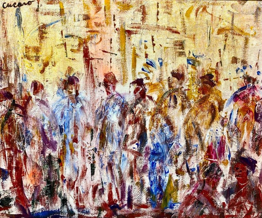 Pascal Cucaro Oil, Procession of Figures: Pascal Cucaro (American 1915-2004) Procession of Figures, oil on canvas, signed upper left, framed. Dimensions: 20 x 24 in. 29.5 x 34 in. as framed. Condition: Very good with no damage or restoratio