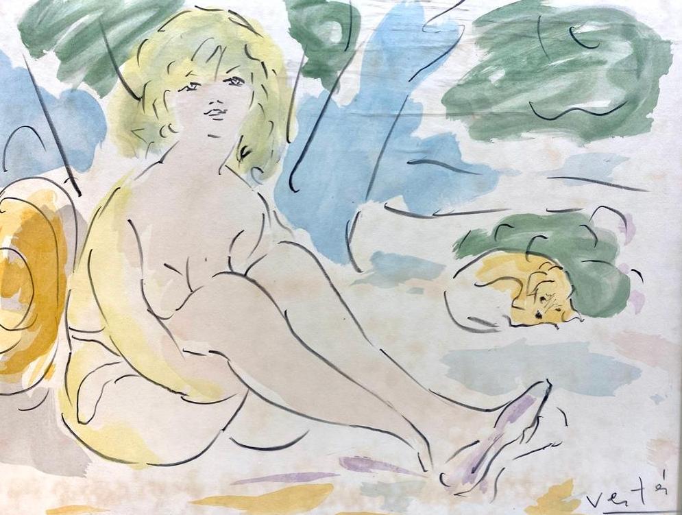 Marcel Vertes Watercolor, Nude with Dog: Marcel Vertes (French/American 1895-1961) Nude with Dog, watercolor and charcoal on paper, signed lower right, framed. Dimensions: 20 x 28 in. Condition: Light toning and fading, some minor stains.