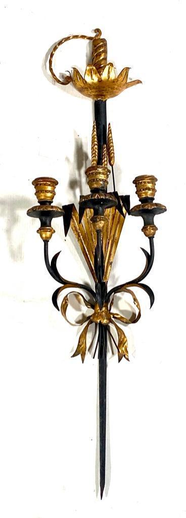 Gilded Wood and Tole Peinte Three Light Wall Sconce (1 of 13)