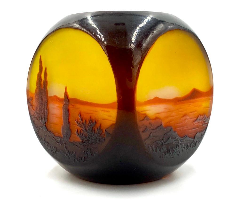 D'Argental Four Sided Scenic Cameo Glass Vase: D'Argental Four Sided Scenic Cameo Glass Vase, the squared form with rounded sides, the gray glass walls tinged with yellow and pink, overlaid with reddish brown, each side cameo carved with a sce