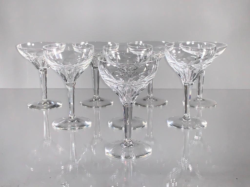 Val St. Lambert Champagne Coupes and Wine Goblets: Val St. Lambert Champagne Coupes and Wine Goblets, Riviera pattern, comprising 4 champagnes and 4 wines. Dimensions: 5.25 in.h. champagnes 6 in.h. wines. Condition: Very good.