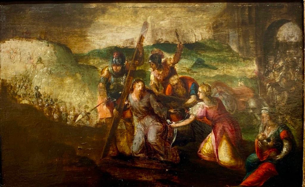 Dutch or Flemish School, Christ Bearing the Cross and: Dutch or Flemish School, Christ Bearing the Cross and Veronica with Veil, oil on panel, framed. Dimensions: 14 x 21 in. panel size, 20 x 27 in. as framed. Condition: Appears to have been heavily clean