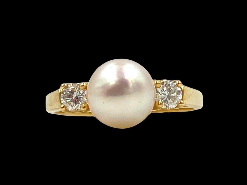 White Pearl Ring with Two Diamonds (1 of 3)