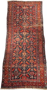 Turkish Antique Palace Runner 15'4" x 5'2": Turkish Antique Wool Carpet, geometric stylized floral medallions in red, blue, cream and pink on navy ground with floral geometric borders. Dimensions: 15'4 x 5'2 Condition: Very worn with