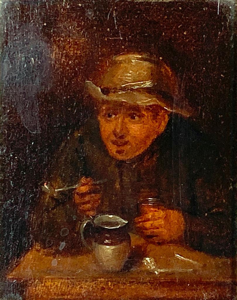 17th/18thc. Dutch School Oil, Man in a Tavern: 17th/18thc. Dutch School Oil, Man in a Tavern, oil on panel, framed. Bearing wax collector's seal to the verso. Dimensions: 6 x 5 in. panel size, 10 x 9 in. as framed. Condition: old varnish layer, th