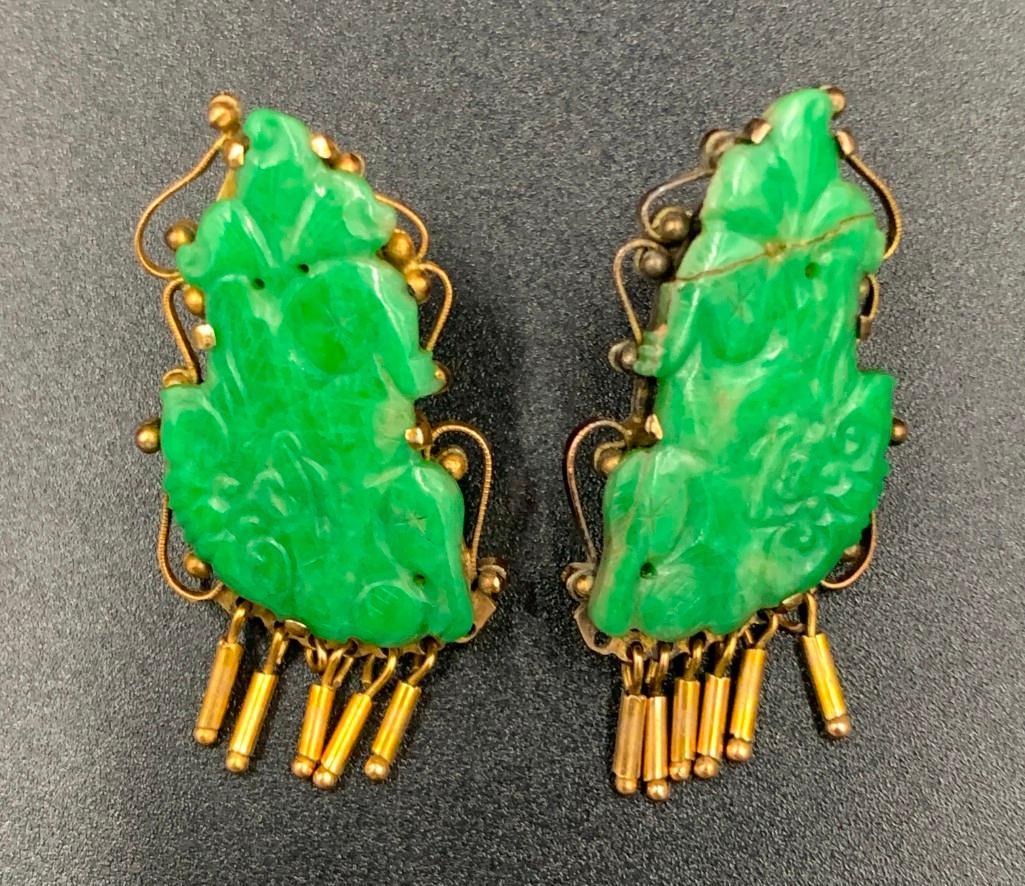 Carved Green Jade Foo Dog Earrings (1 of 3)