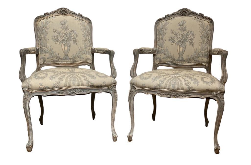 Pair Louis XVI Style Gray Painted Fauteuils (1 of 7)