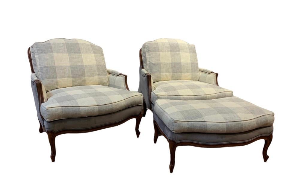 Pair of Ethan Allen Upholstered Bergeres and Ottoman (1 of 10)