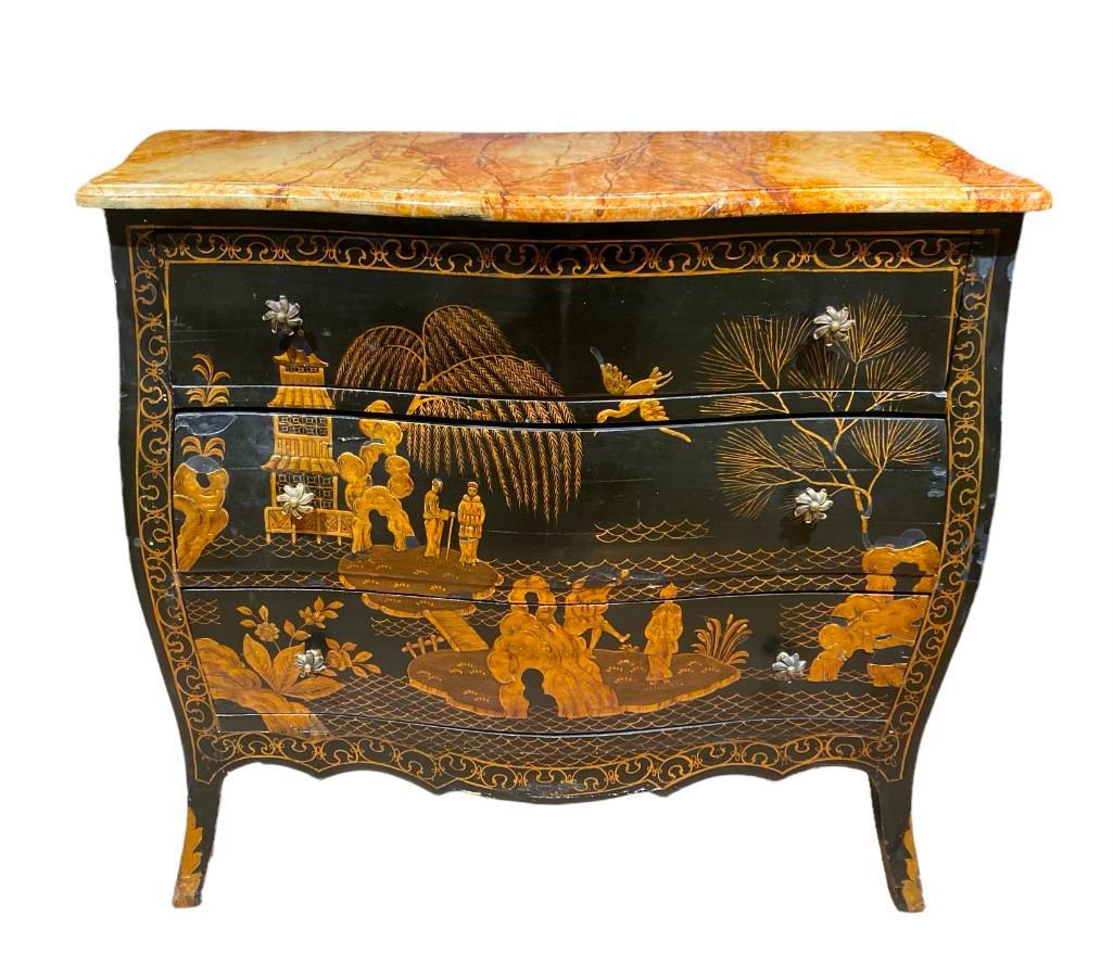Louis XV Style Japanned Commode, Modern: Louis XV Style Japanned Commode, Modern, with faux marble painted tops and paper lined interiors. Dimensions: 31 in.h. x 36 in.w. x 18.5 in.d. Condition: Shrinkage and losses to lacquer.