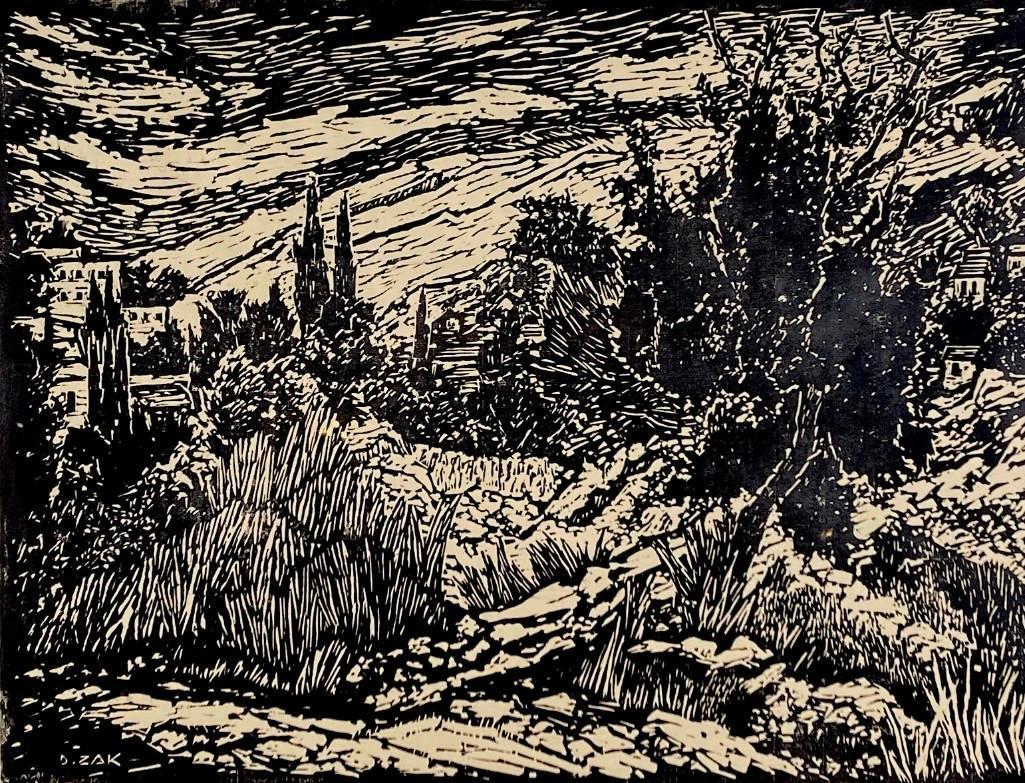 David Zak Linocut, Landscape with Olive Trees, Jerusalem (1 of 8)