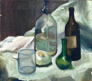 Paul Winchell Oil, Still Life with Bottles and Onion: Paul Winchell (American 1903-1975) Still Life with Bottles and Onion, oil on canvas, signed verso, unframed. Dimensions: 15.75 x 17.5 in. Condition: Minor scattered abrasions and paint losses.