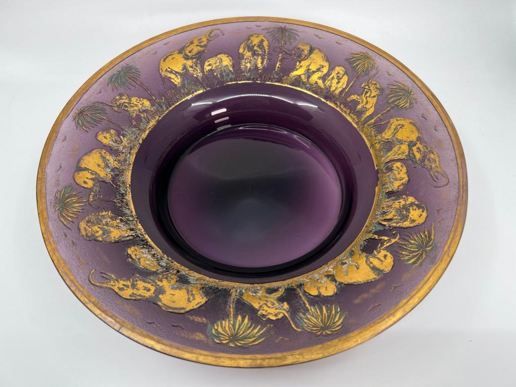 Moser Acid Etched Animor Bowl, Elephants: Moser Acid Etched Animor Bowl, Elephants, flared rim bowl in amethyst glass, overlaid, cameo carved and gilded with elephants in various poses, under palm trees shaded with green, gilded clouds and bi
