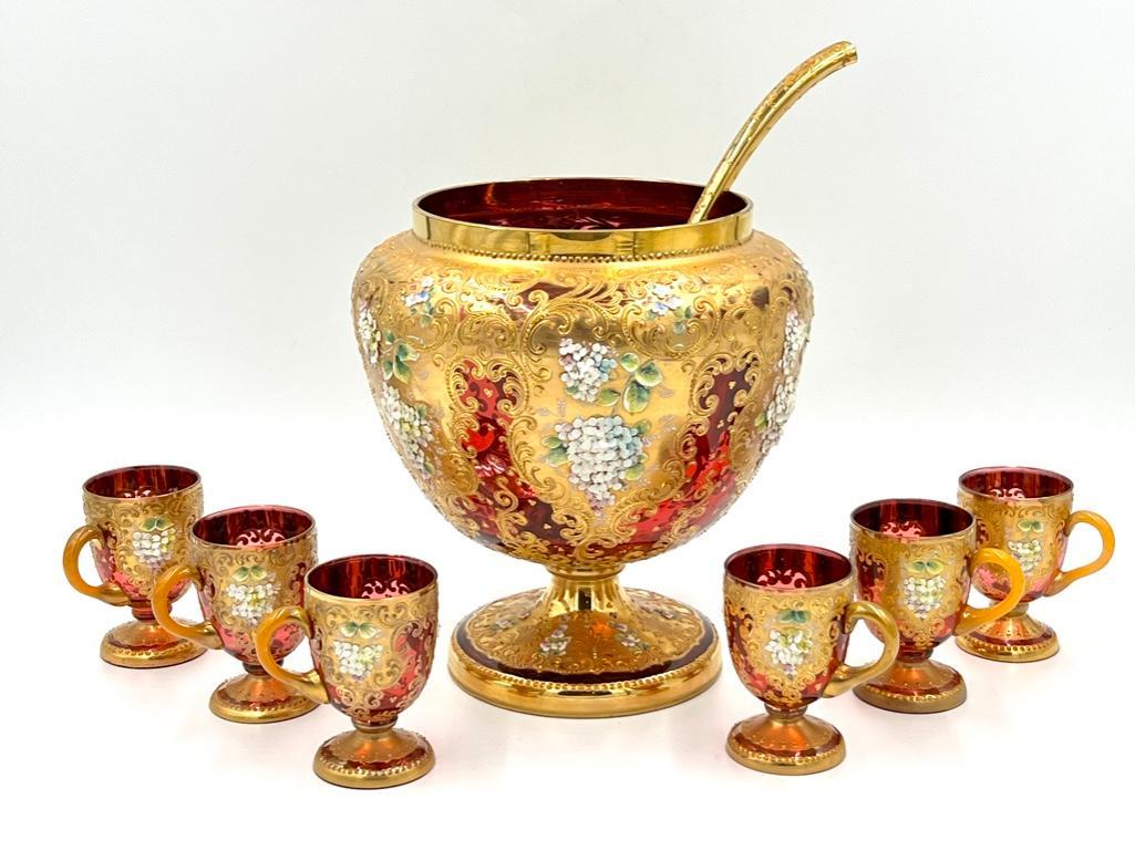 Moser Enameled Cranberry Glass Punch Bowl Set (1 of 20)