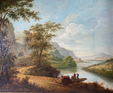 Manner of Jan Dirksz Both, Italianate Landscape with Travelers: Manner of Jan Dirksz Both (Dutch 1615-1652) Italianate Landscape with Travelers, oil on canvas, framed. Dimensions: 16.5 x 20 in., 25.5 x 29.5 in. as framed. Condition: Relined, repaired horizontal