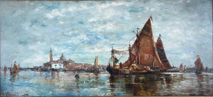 Paul Valenti Oil, Venice: Paul Valenti ( Italian, 19thc.) Venice, Fishing Boat and View of the Grand Canal with the Campanile and Doge's Palace, 1886, oil on canvas, signed and dated lower left, framed. Dimensions: 13