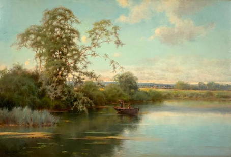 Emilio Sanchez Perrier Oil, Tranquil River: Emilio Sanchez Perrier (Spanish 1855-1907) Tranquil River Scene with Two Boys in a Boat, oil on wood panel, signed E.Sanchez Perrier, lower left, framed behind glass. Dimensions: 15 x 21.5 in. 