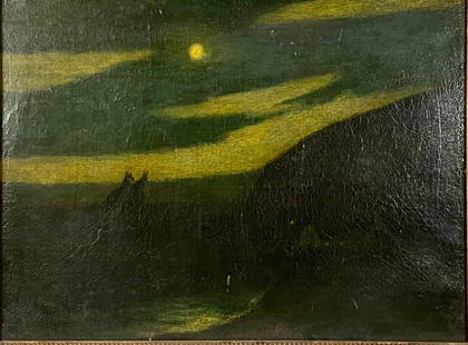 After Albert Pinkham Ryder Oil, Moonlight: After Albert Pinkham Ryder (American 1847-1914) Moonlight, oil on canvas, framed. Bearing label verso for Ferargil Galleries, New York, with title Moonlight and the number 3996, the relining canvas