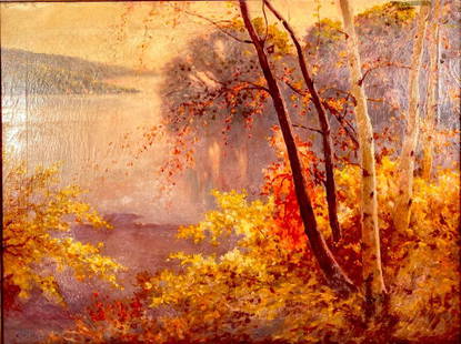 C. Muller Oil, Autumn Landscape: C. Muller ( 20thc.) Autumn Landscape, oil on canvas, signed lower left, framed. Dimensions: 17.5 x 23.5 in. canvas size, 20.5 x 26.5 in. as framed. Condition: Craquelure and visible stretcher