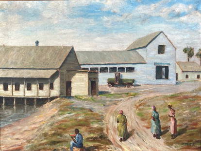 J.C. Minor Oil, Outside Slaves' Quarters: J.C. Minor (American, 20thc.) Outside Slaves' Quarters, oil on canvas, signed lower right, framed. Dimensions: 17.5 x 23.5 in. canvas size, 22.5 x 28.5 in. as framed. Condition: Good