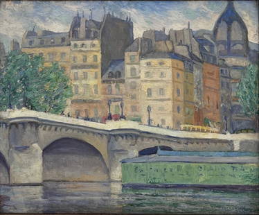 Alexander Warshawsky Oil, Paris, The Seine: Alexander Warshawsky (American 1887-1945) Paris, The Seine, 1923, oil on artist's board, signed and dated lower right, framed. Together with a charcoal sketch of Louis Schroeder by another