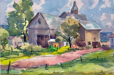 George G. Adomeit Watercolor: George Gustav Adomeit (American 1879-1967) Country Landscape with Barn, watercolor on paper, signed lower right, matted and framed. Dimensions: 14 x 21 in. image size, 22.5 x 29 in. as framed. Con