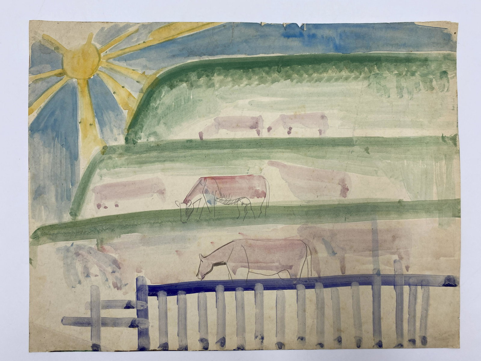 William Sommer Watercolor, Landscape, Horse and Cows in Field (1 of 3)