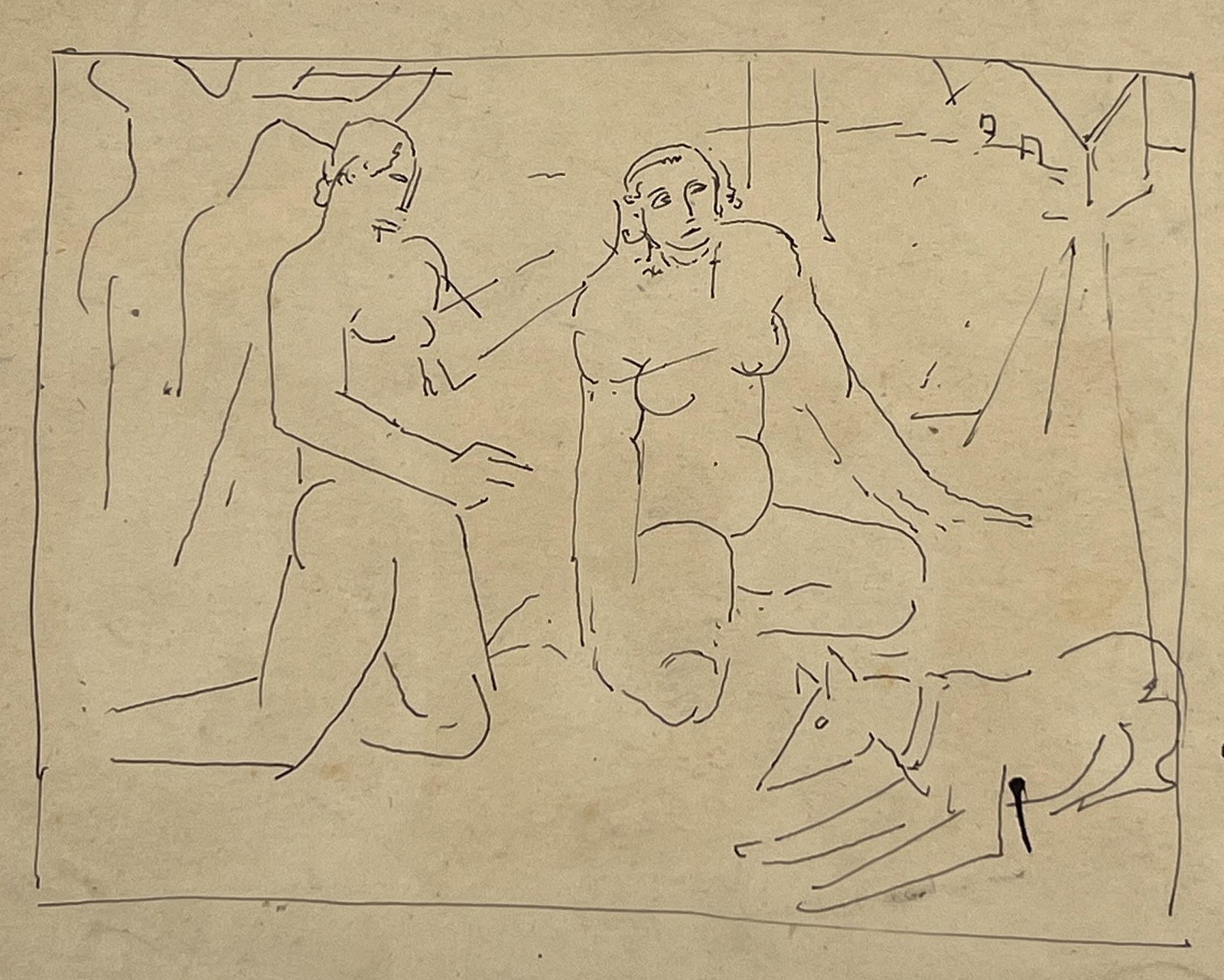 William Sommer Drawing, Two Nudes and Dog (1 of 6)