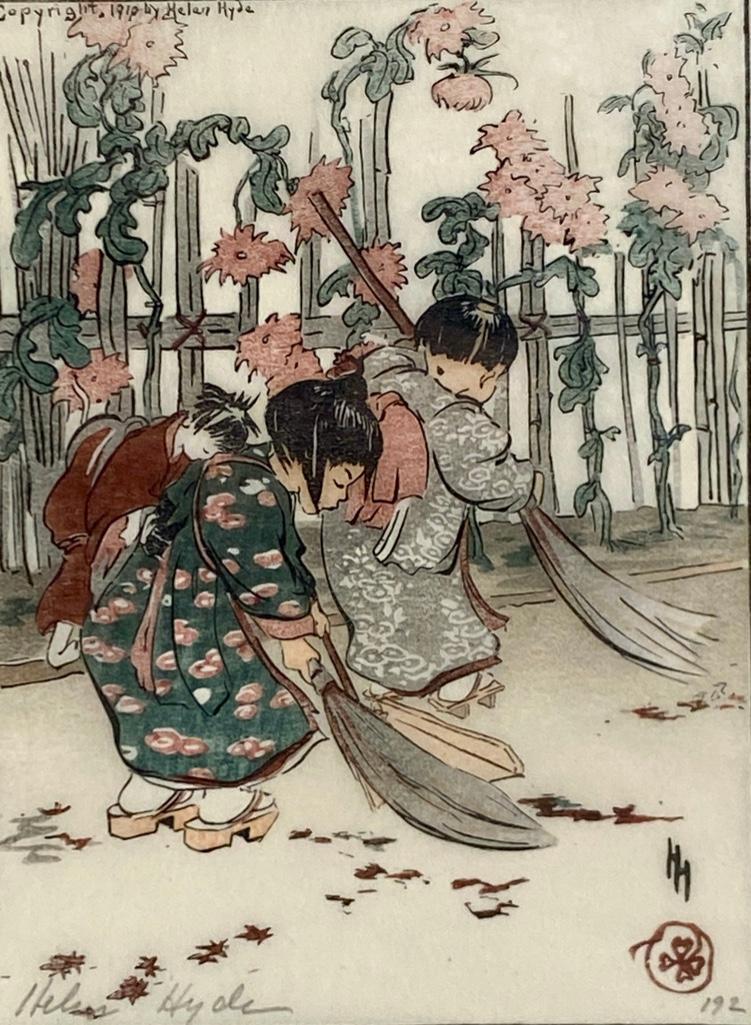Helen Hyde (1868-1919) Print of New Brooms, 1910: Helen Hyde (1868-1910) Print of New Brooms, 1910 depicts 3 children sweeping autumn leaves on a garden path. Flowering plants grow by a nearby fence forming an appropriate background to the youth dres