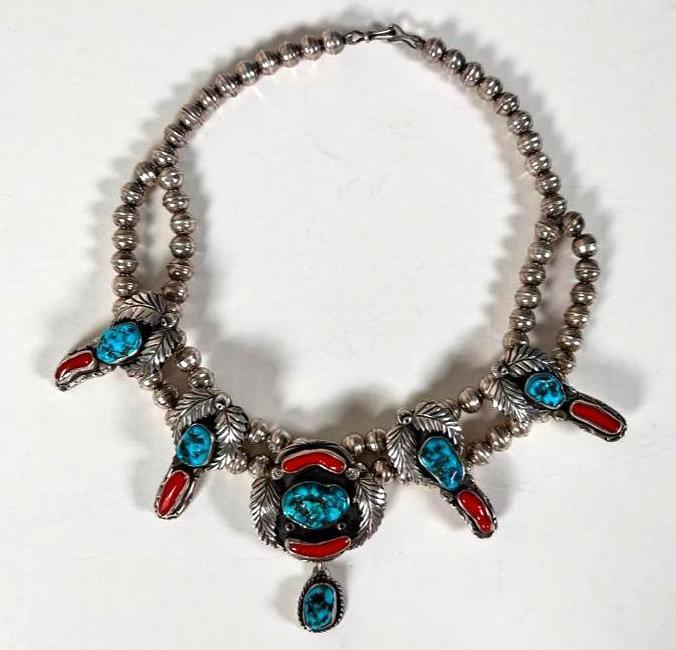 Navajo Silver, Turquoise and Coral Necklace (1 of 3)